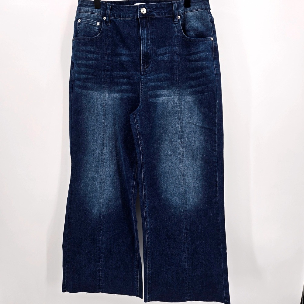 Genleck Wide Leg High Rise‎ Dark Wash Raw Hem Minimalist Jeans Size 16